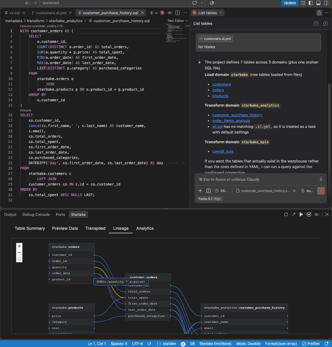 The Starflow VSCode extension: a SQL transform open in the editor, the Starflow agent listing the project tables, and the column-level lineage view in the bottom panel